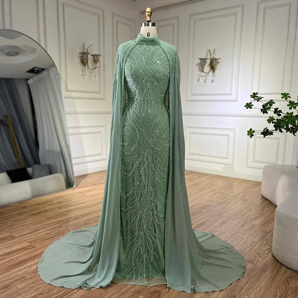 Serene Hill 2024 muslim Sage Green Mermaid Cape Sleeves Beaded Satin Luxury Evening Dresses Gowns for Women Party LA72413