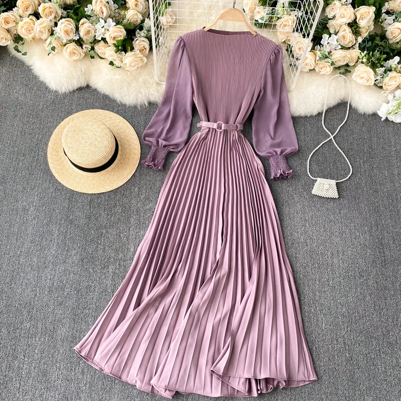 Chic Pleated Elegant Puff Sleeve Dress A-line Chiffon High Waist Belt Beach Vacation Party Dress Women Summer Spring Vestidos