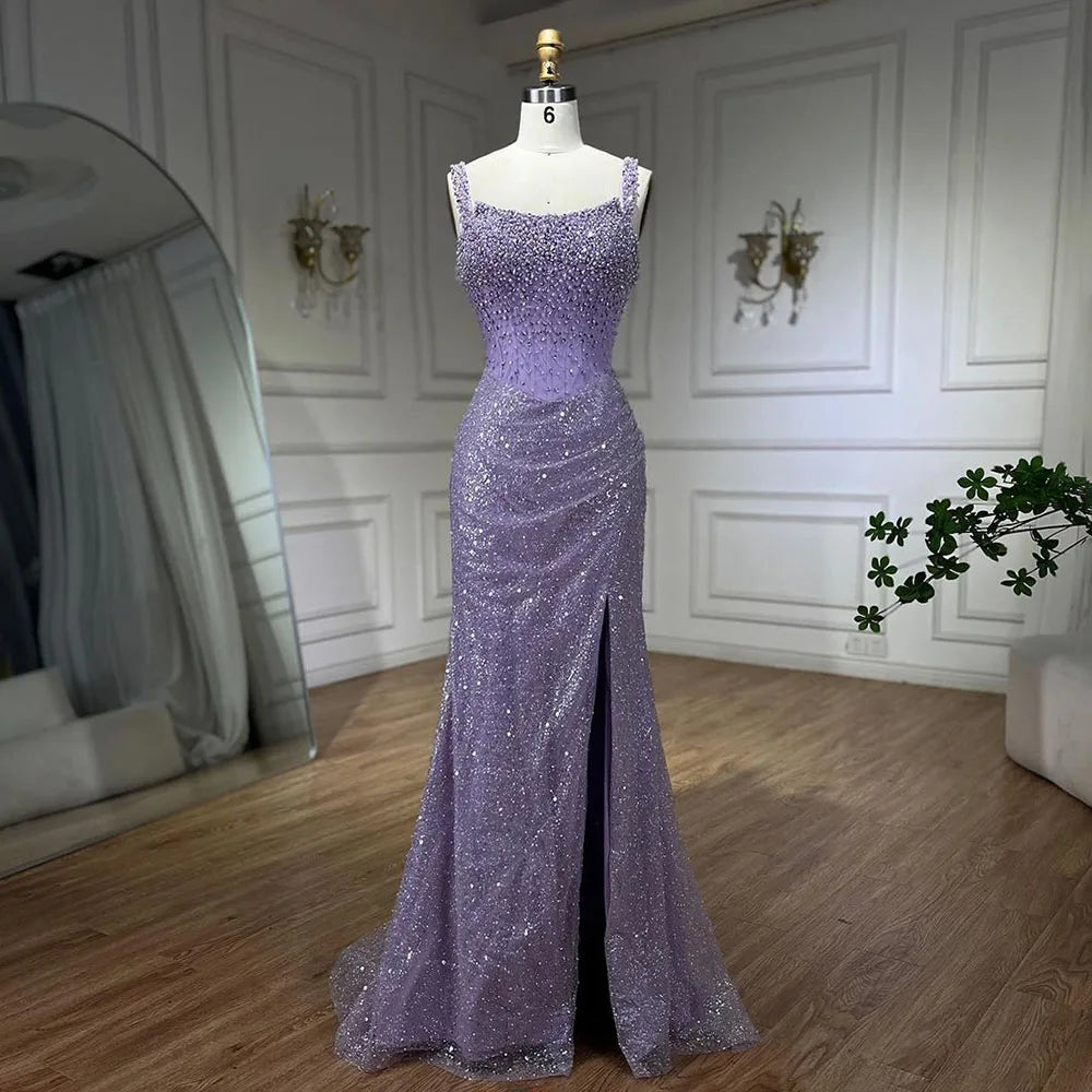 Serene Hill Beige Mermaid Floor Length Evening Gowns Luxury Beaded Crystal Spaghetti Strap Party Drsses For Women 2024 LA72163