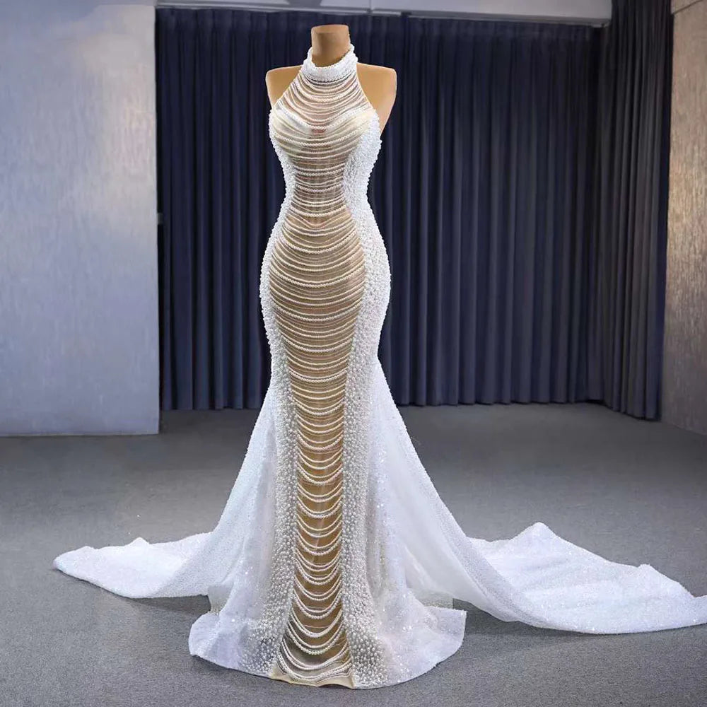 Serene Hill White champagne Mermaid Lace Up Luxury Pearls Beaded Bride Gowns Wedding Dress 2024 High End Custom Made HM231033
