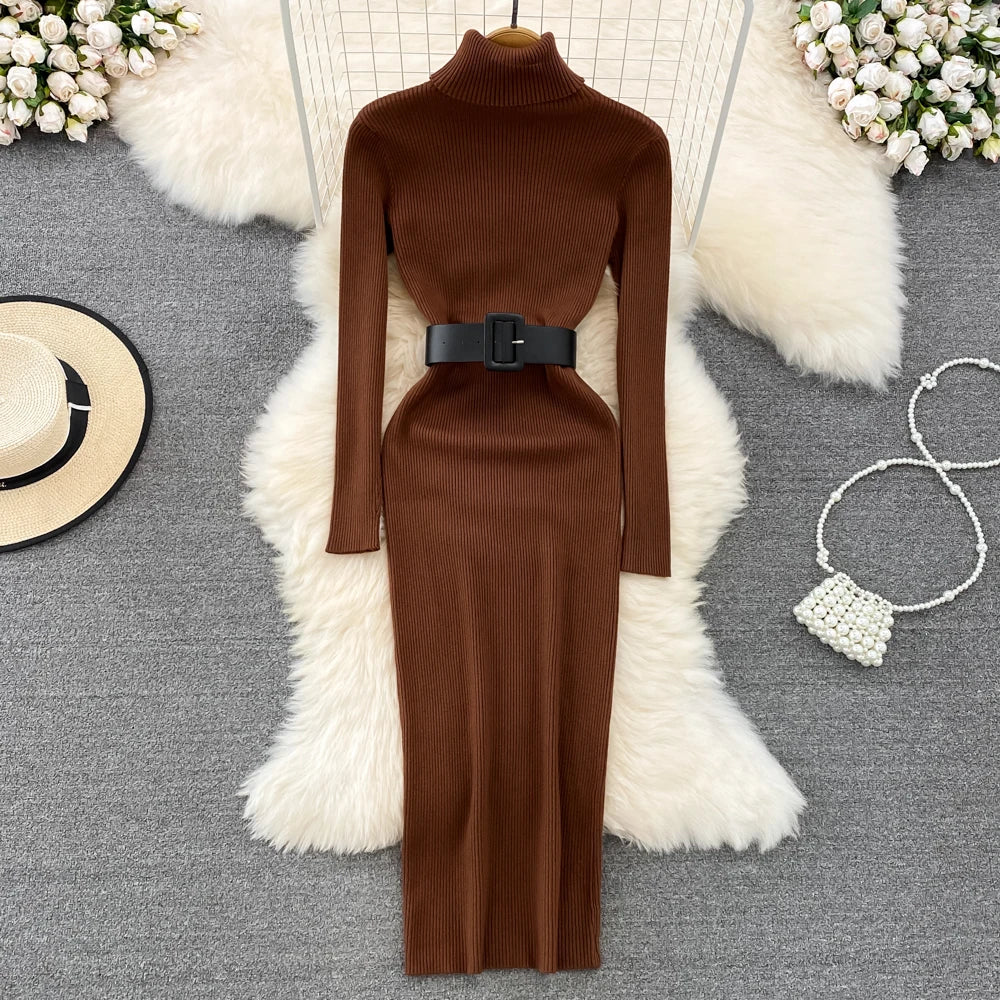 Elegant Turtleneck Long Sleeve Knit Soft Tight Pencil Dress with Belt Slim Fashion Warm Sweater Vestido Sexy Women Winter Robe