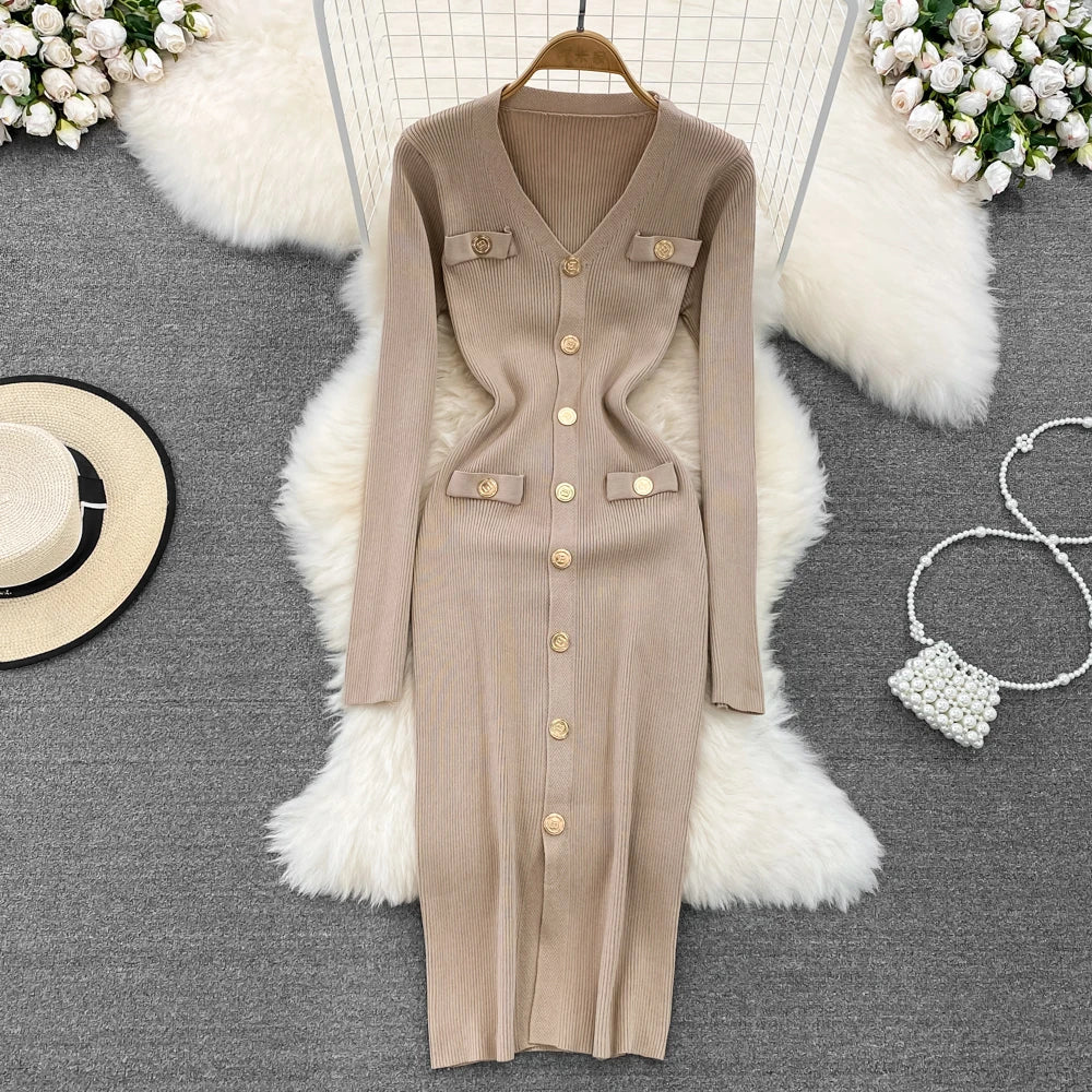 Sexy Split V-neck Long Sleeve Bodycon Dress Chic Elegant Evening Party French Fashion Knit Vestidos Women Autumn Pencil Dress