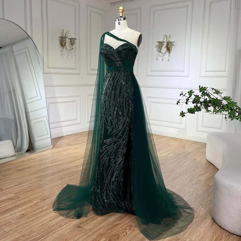 SERENE HILL 2024 Green One Shoulder Mermaid Evening Dresses With Cape Sideskirt Luxury Gown For Women Wedding Party GLA72472
