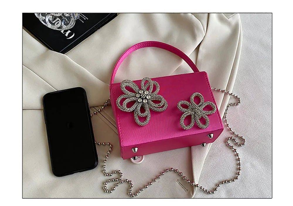 Light Luxury High-Grade Women Chain Crossbody Bag Korean Design Sense Diamond Flower New Pop Handbag Fashion Box Mini Square Bag