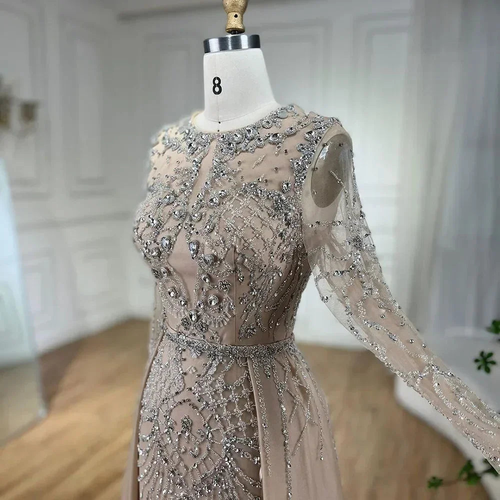 Serene Hill Muslim Silver Nude Mermaid Gown with Detachable Overskirt Beaded Evening Dress for Women Wedding Party 2024 LA71919