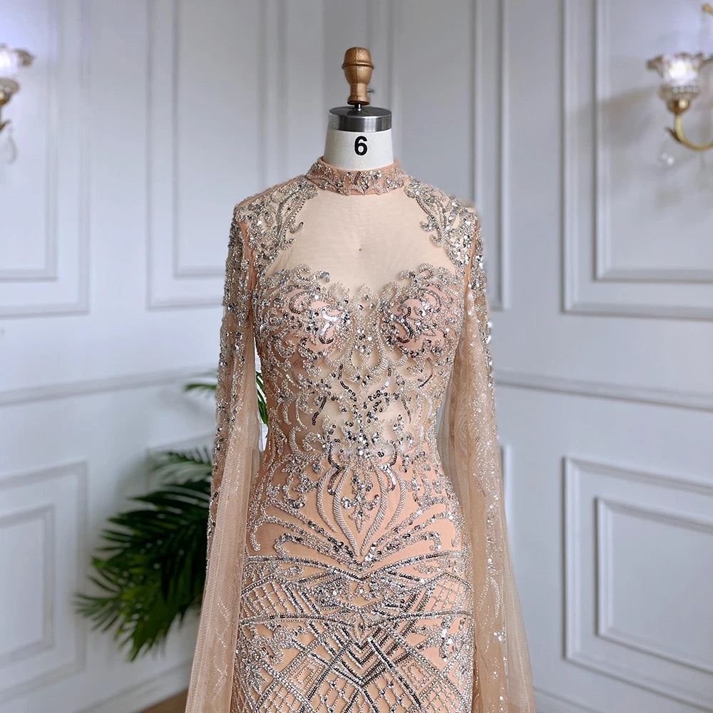 Serene Hill Nude Mermaid Elegant Sexy High Collar Cape Sleeves Luxury Beaded Evening Dresses Gowns 2024 For Women Party GLA71747