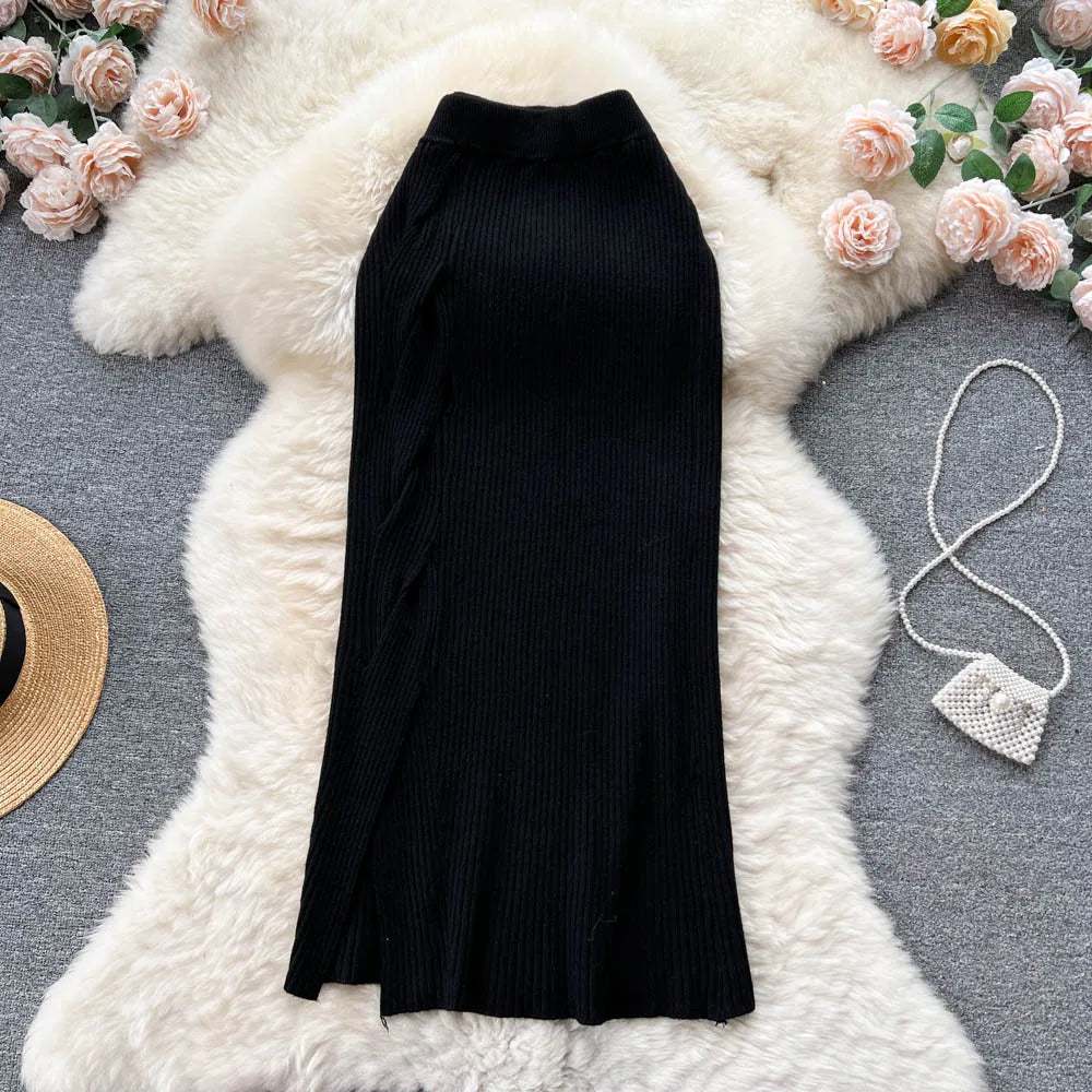 Women Elegant Chic Split Sexy Skirt Elastic Knit High Waist Fashion Vintage Pencil Skirt Black White Spring Autumn Clothing