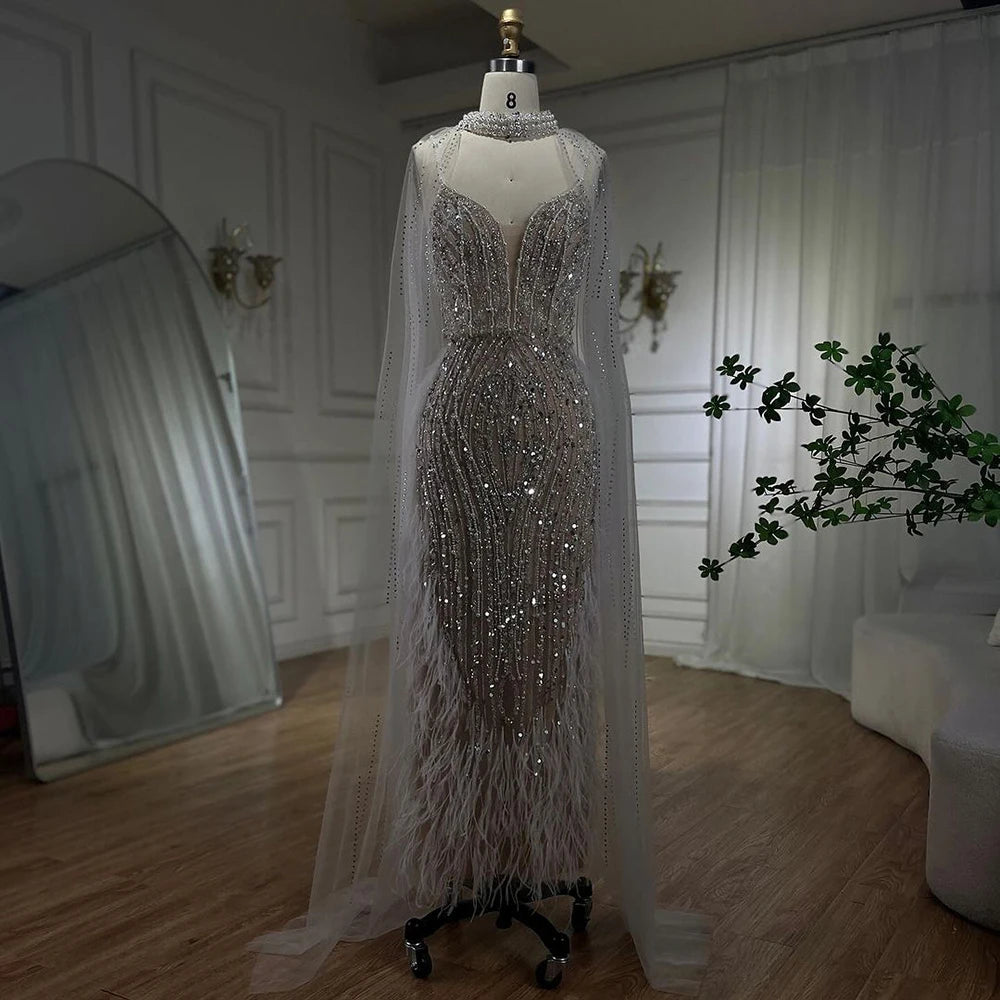 SERENE HILL 2024 White Nude Mermaid Beaded Feathers Luxury Evening Dresses Midi Gown With Cape For Women Wedding Party GLA72047A