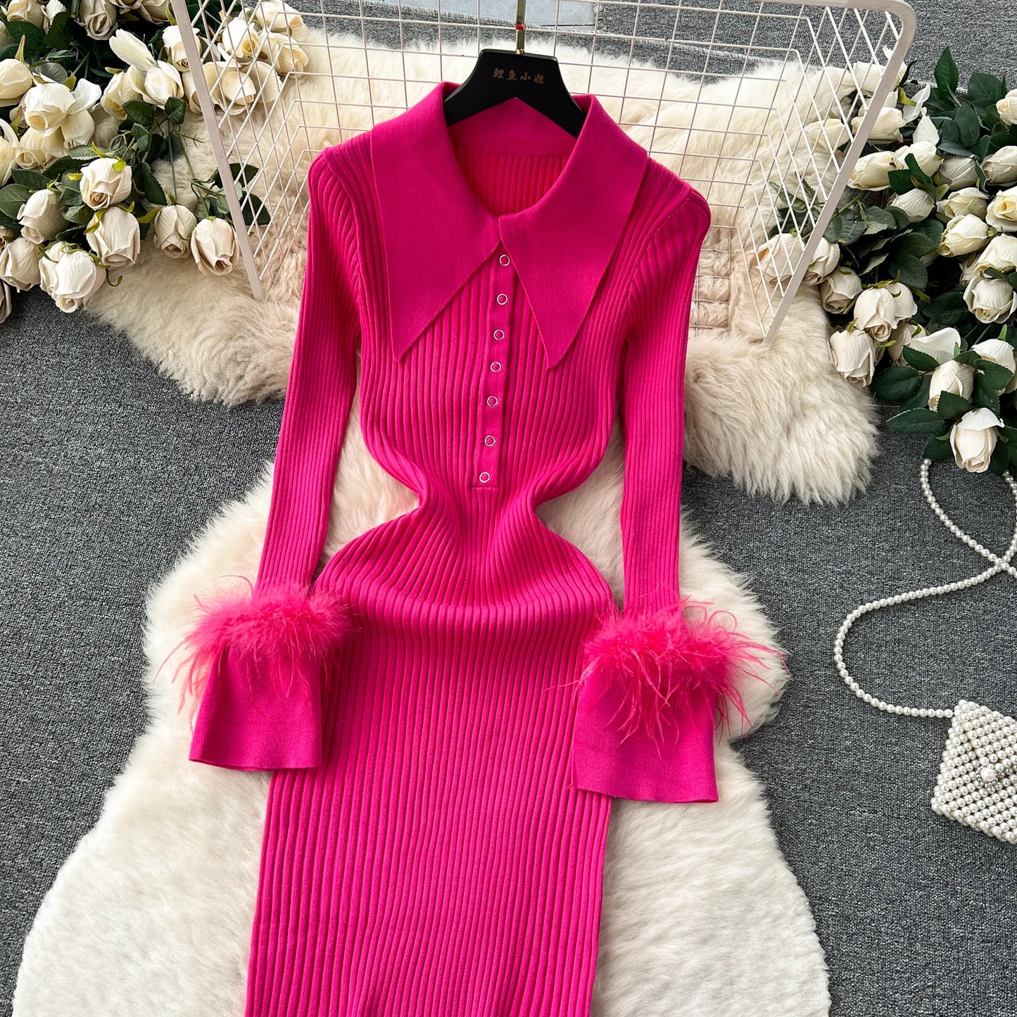 Elegant Turn-down Collar Feather Long Sleeve Knit Bodycon Pencil Dress Slim Fashion Sweater Vestido Sexy Women Winter Clothing