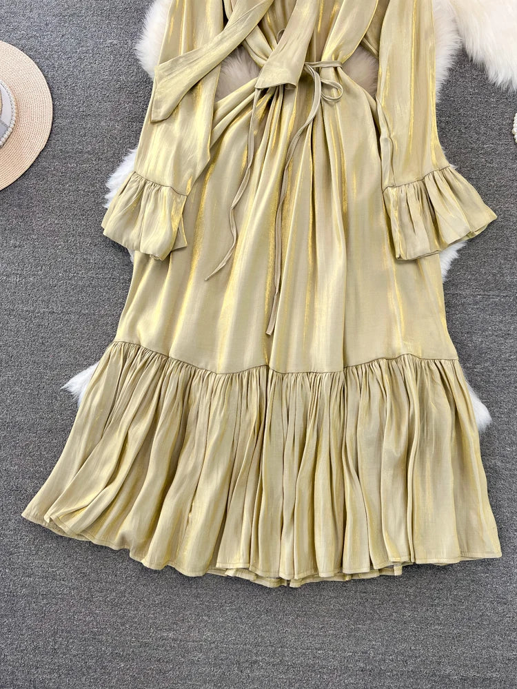 Elegant and Chic Solid Evening Dresses for Women Fashion New Bow Lace Up Flare Long Sleeve A-Line Vestidos Autumn Female Clothes