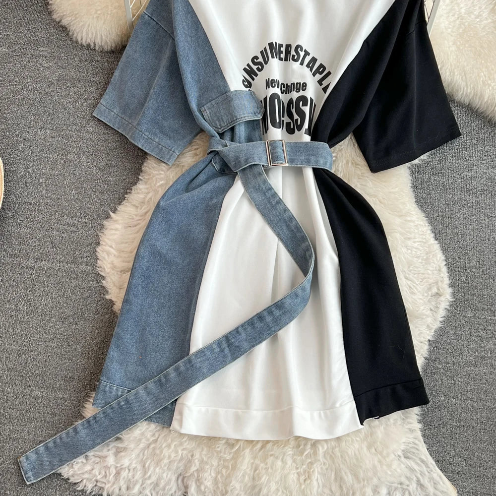 Women Summer Casual T Shirt Short Sleeve Streetwear Patchwork Denim Long Shirts Female O-neck Slim Jeans Tops