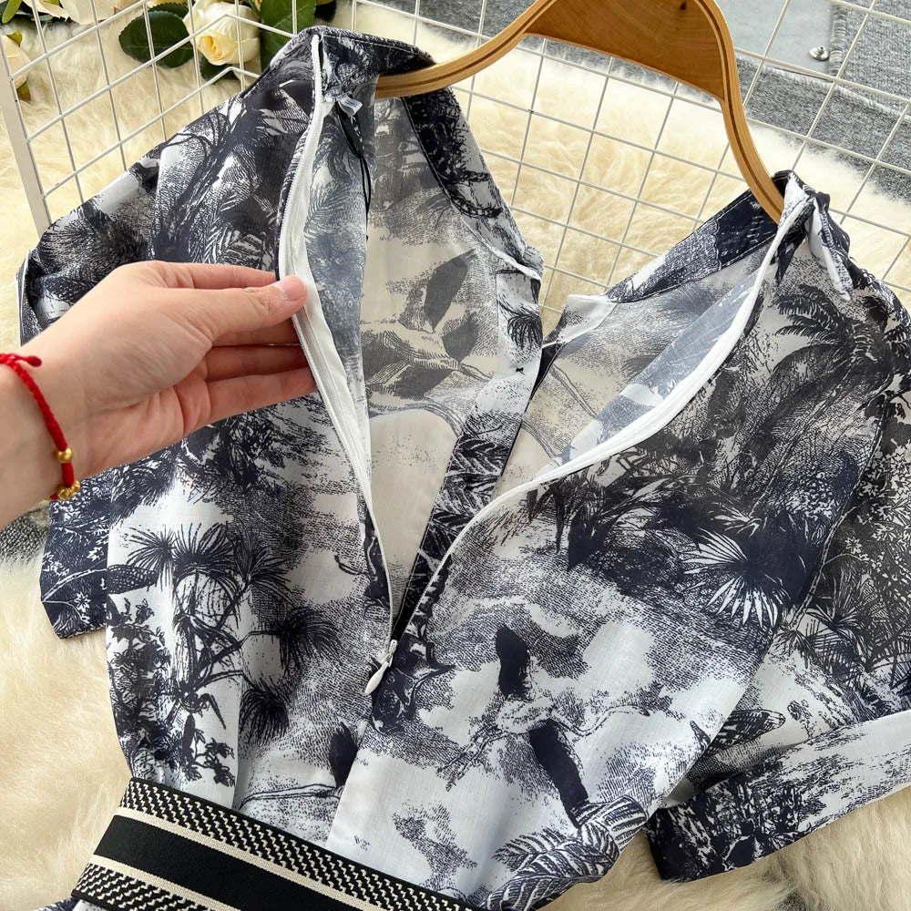 Vintage Tie Dye Print Shirt Dress Women Elegant Summer High Waist Slim A Line Printed Chiffon Long Robe Ladies Casual Long Robe