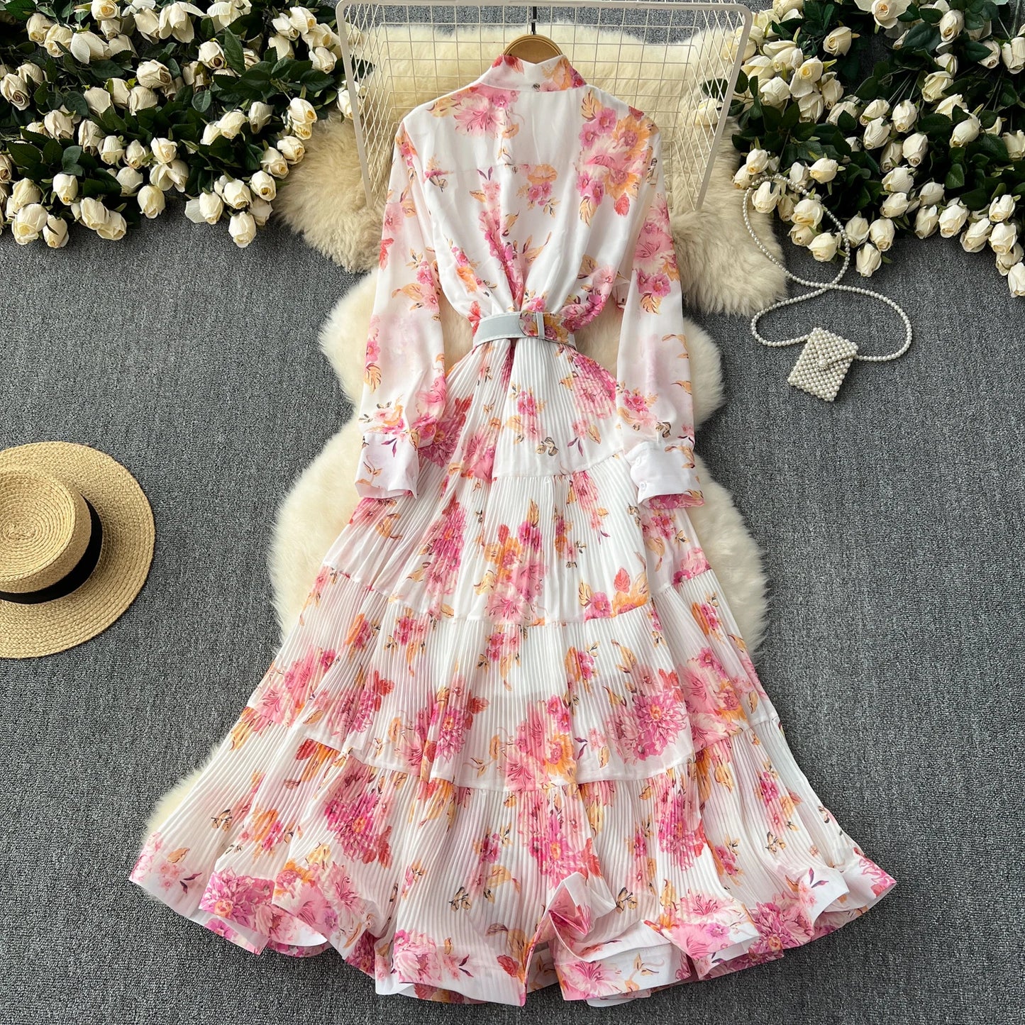 French Vintage Ruffle Lace-up Bow Puff Sleeves Long Sleeves Dress korean fashion Casual Women Fashion summer dresses