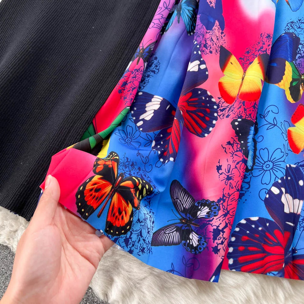 Elegant Chic Print Patchwork Knit Dress French Long Sleeve Party A-line Vestidos High Waist Basic Slim Women Autumn Winter Dress