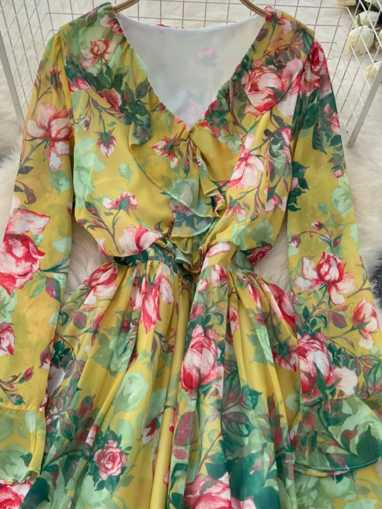 Women Elegant Floral Print Dress for Women Vintage V-Neck Long Sleeves Chiffon Slim A-Line Vestidos Mujer Autumn Female Clothes