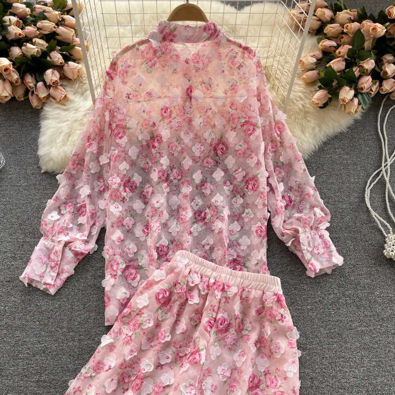 Clothland Sweet Appliqued Floral Blouse Suit Two Piece Pink Set Long Sleeve Shirts Mini Shorts Spring Set TZ228