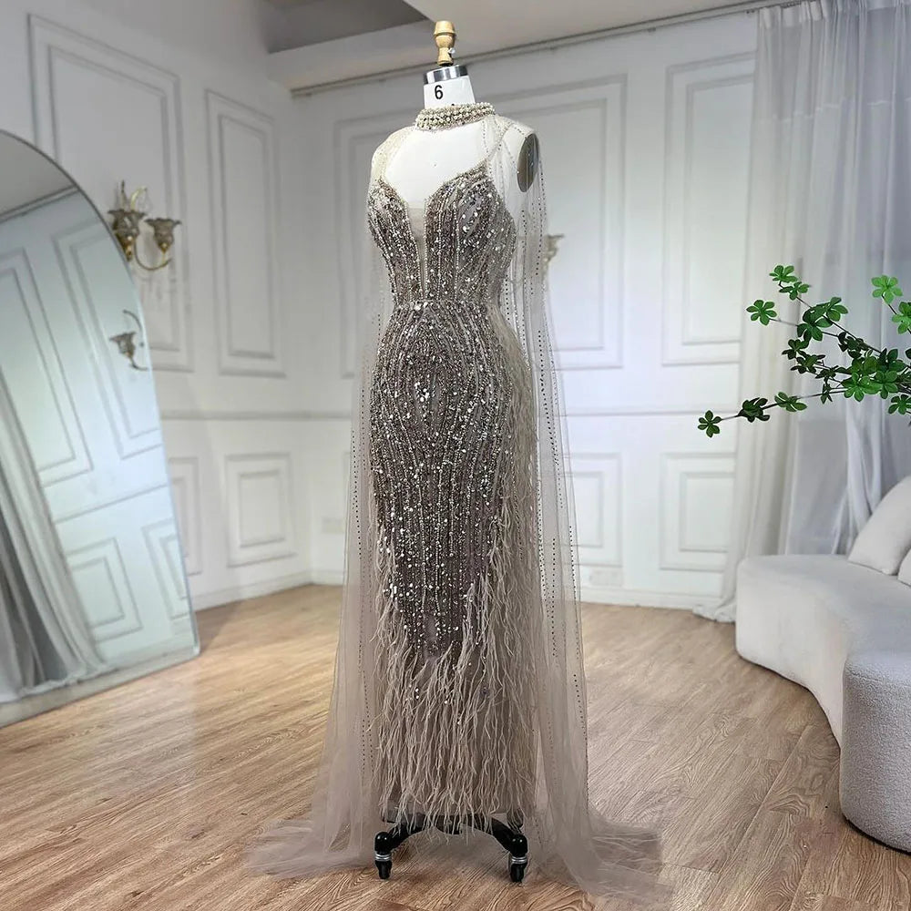 Serene Hill 2024 White Nude Mermaid Wedding Party Dresses with Beaded Feathers Luxury Cape Sleeves Prom Party Gowns LA72047A