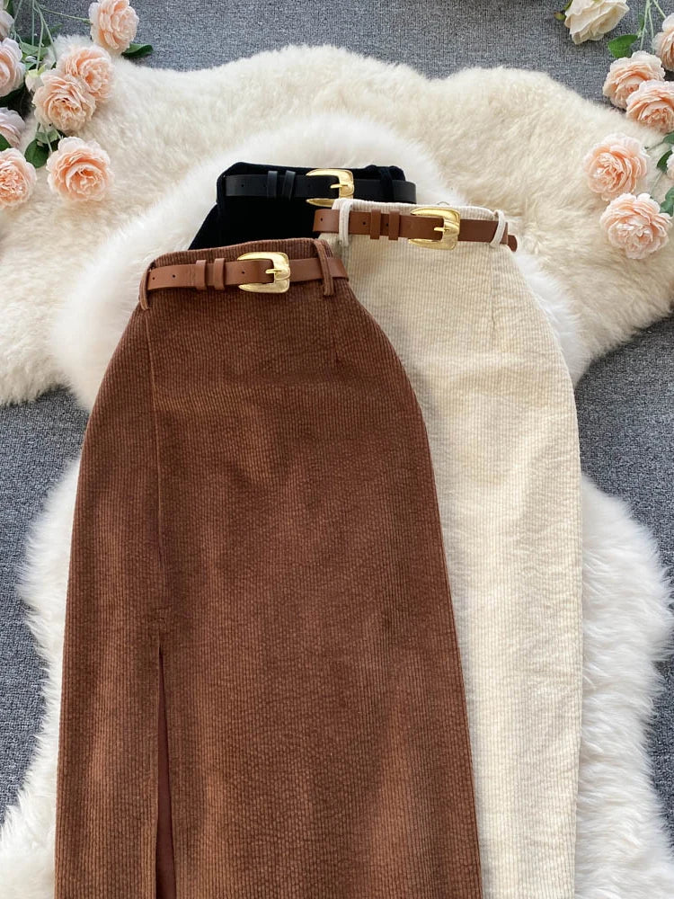 XFPV Women Korean Split Mid-calf Length High Waist Slim Package Hip A-line Skirt 2023 Fashion New Tide Spring Summer SM5066