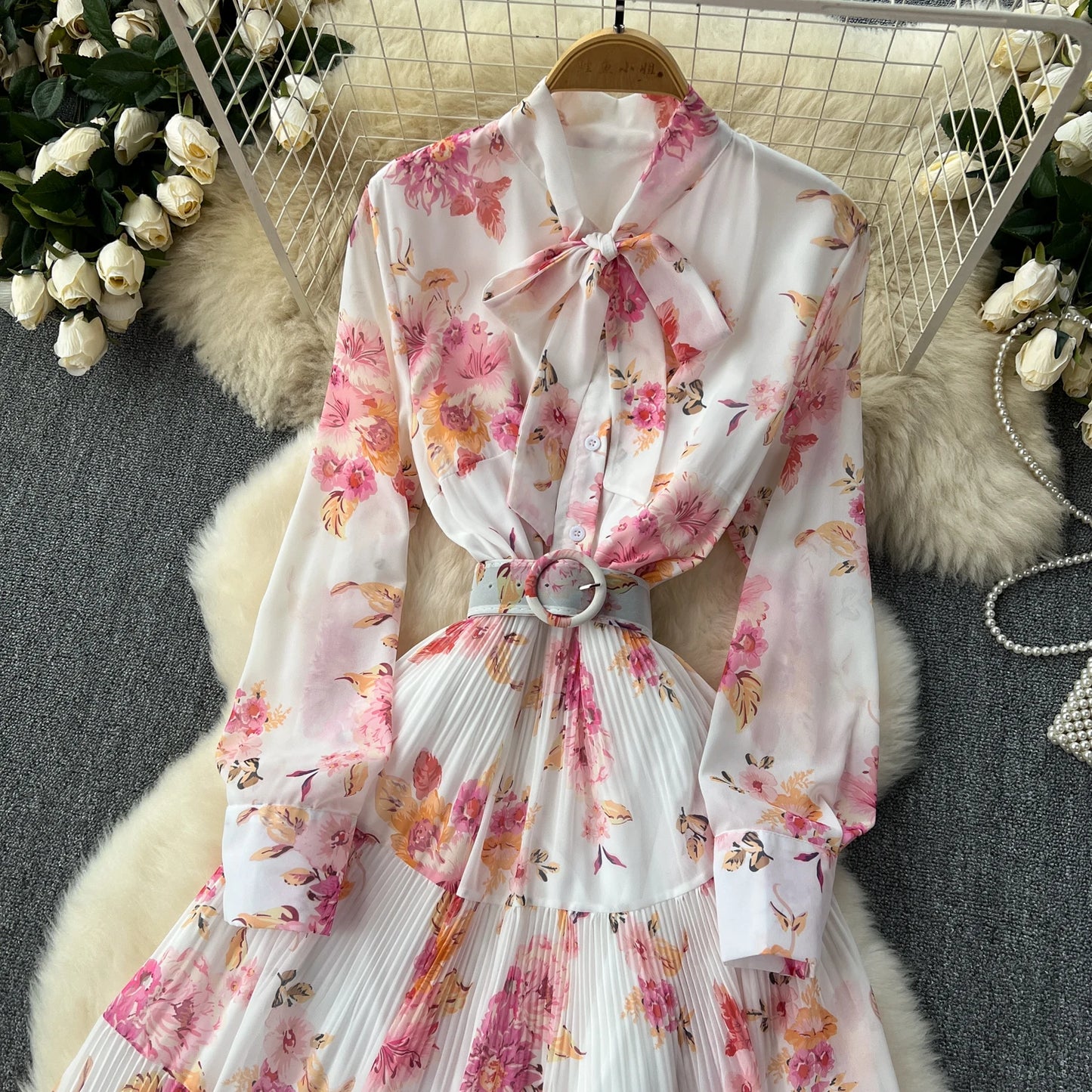 French Vintage Ruffle Lace-up Bow Puff Sleeves Long Sleeves Dress korean fashion Casual Women Fashion summer dresses