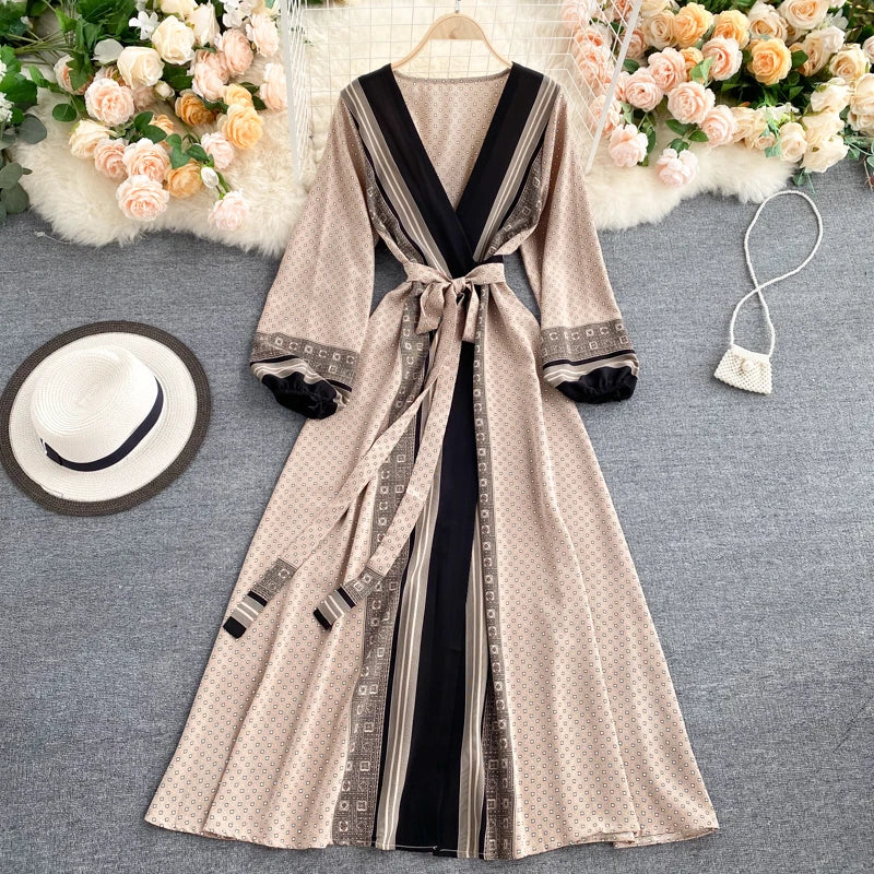 Vintage Print Elegant Puff Sleeve One Piece Dress A-line Lace-up Beach Vacation Midi Dress Women Fashion Spring Autumn Vestidos
