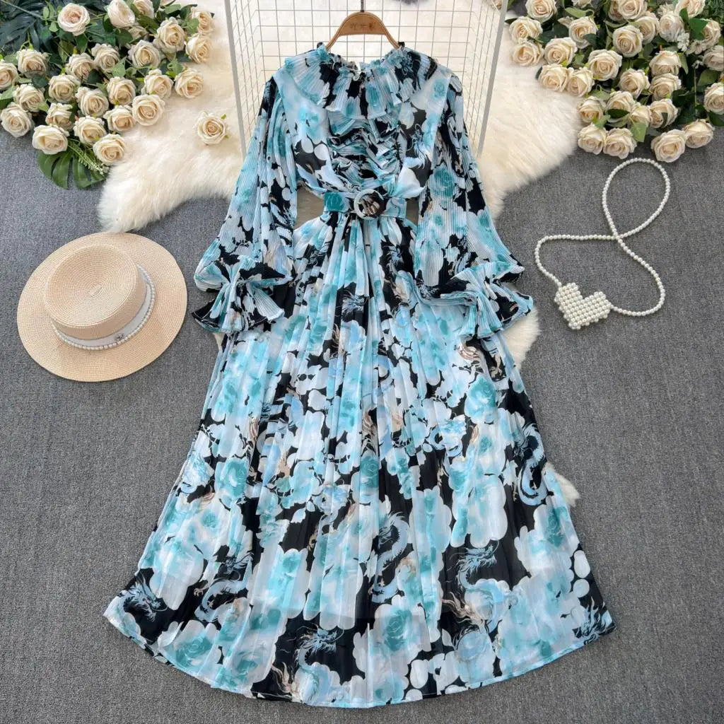 Summer Vintage Casual A-Line Floral Print Women Dress Elegant Chic Pleated Party Prom Vestidos with Belted Female Long Robe