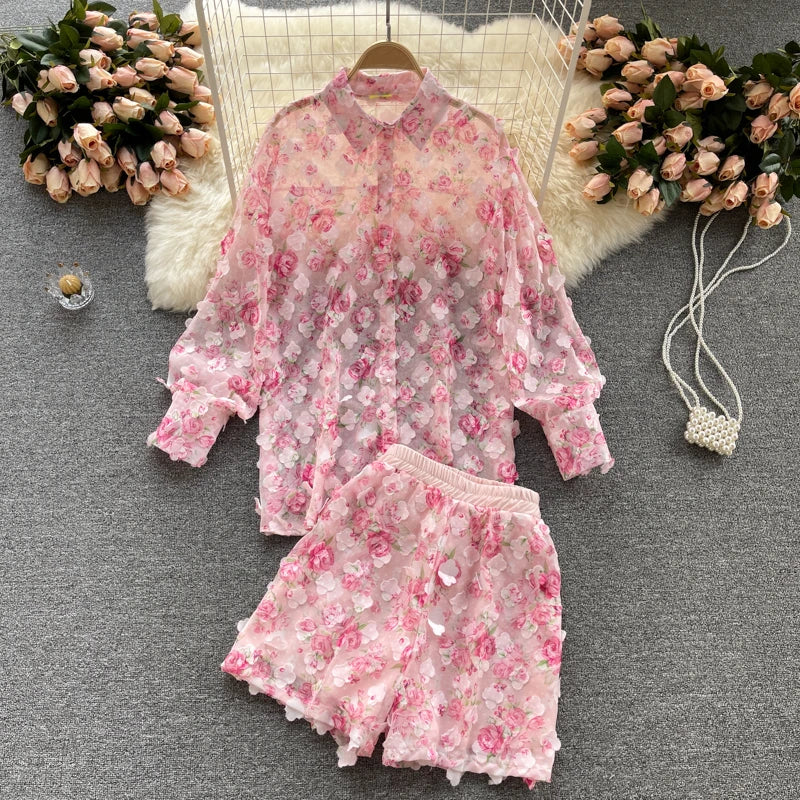 Clothland Sweet Appliqued Floral Blouse Suit Two Piece Pink Set Long Sleeve Shirts Mini Shorts Spring Set TZ228