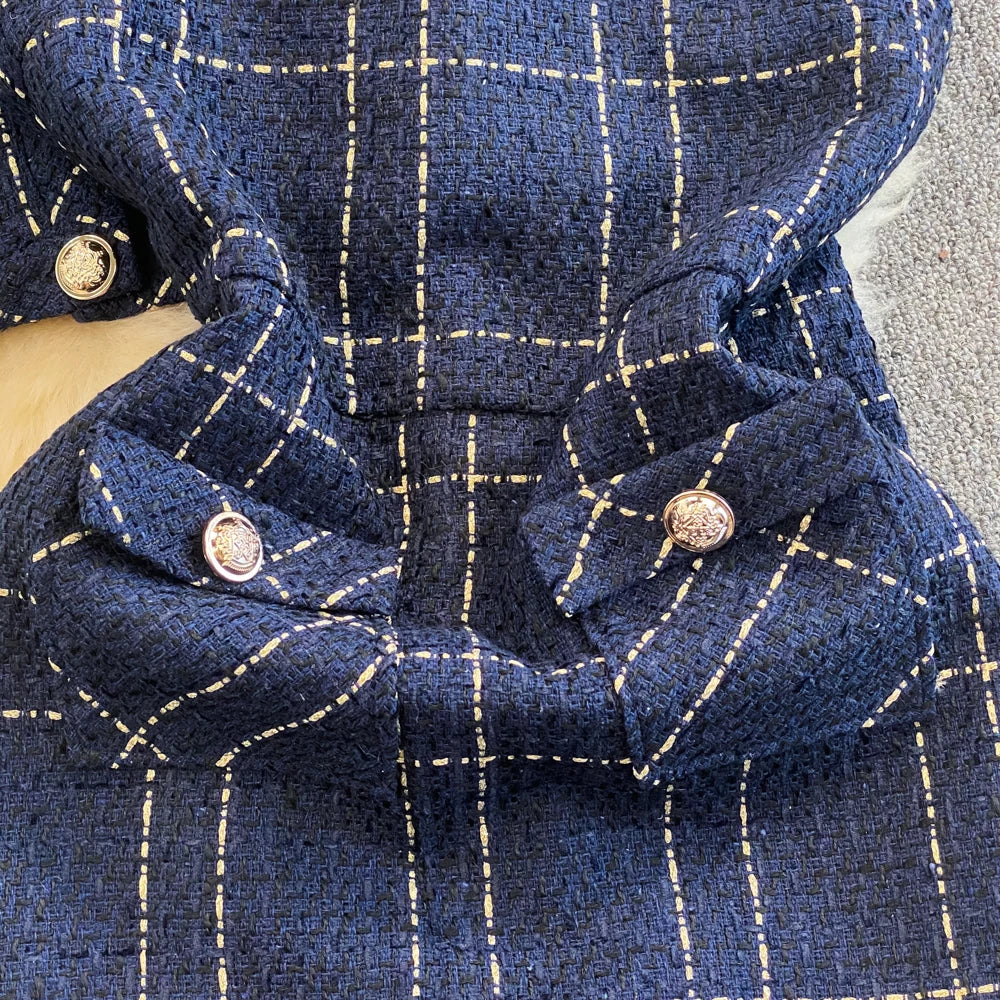 Women Checkered tweed Blazer 2-Piece Set Elegant Small Fragrance Wind Outfit Cropped Jacket+Mini Dresses Suit for Spring Autumn