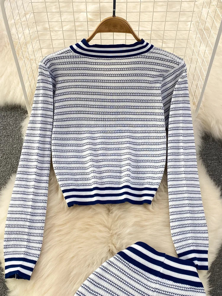 New Autumn Womens Fashion Striped Knitted Sets V-Neck Cardigan Sweater + Casual Stretch-knit Wide-leg Pants Suits Two Piece Sets