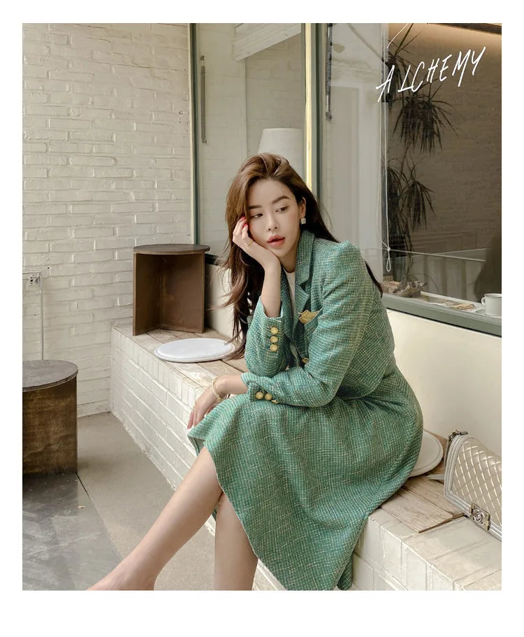 Elegant Temperament Two-Piece Set Tweed for Women Short Blazer Jacket +High Waist Swing Skirt Suits Green Korean Outfits