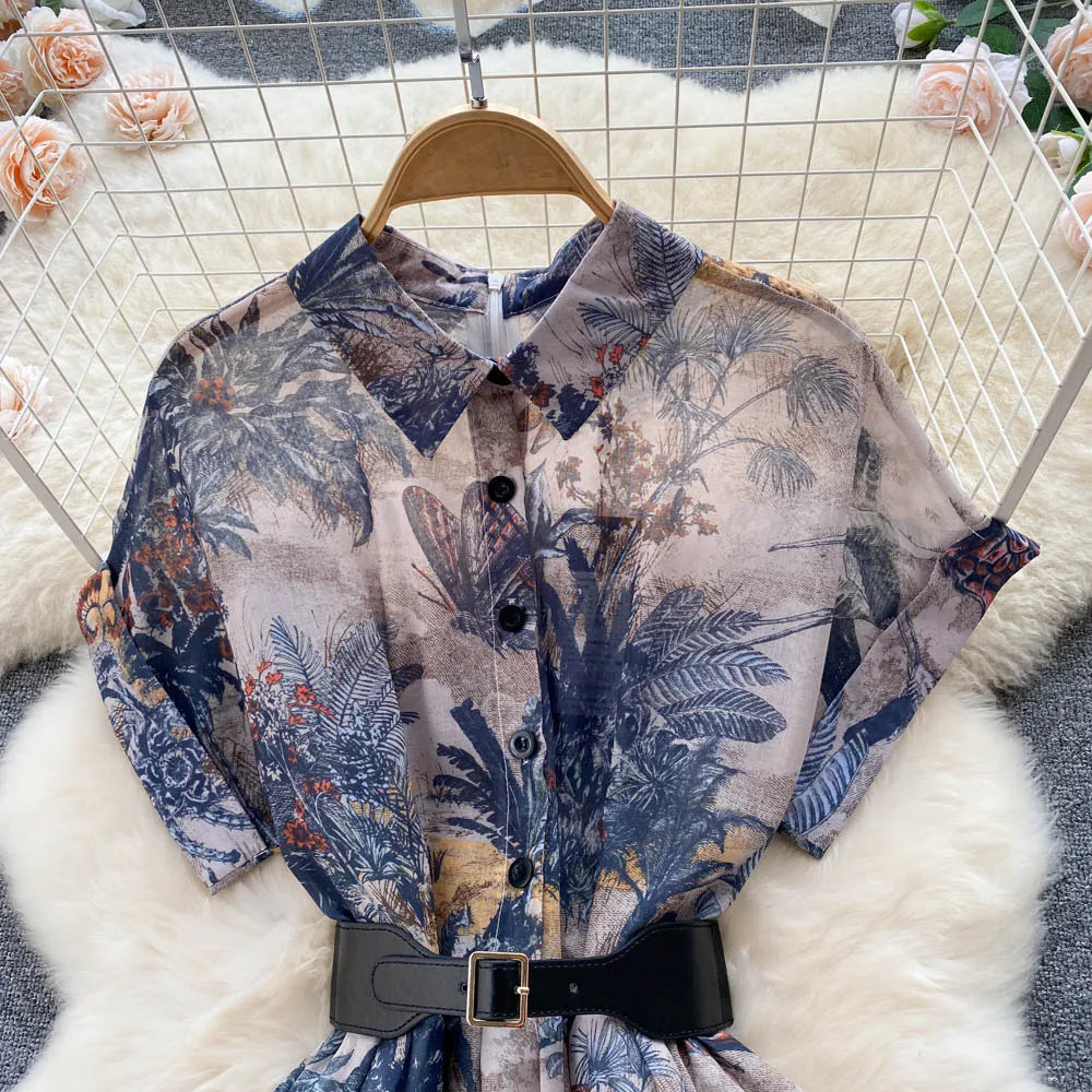 2022 Women Vintage Party Dress Summer French Elegant Print Dress Ladies High Waist Retro Single Breasted Belt Casual Long Dress