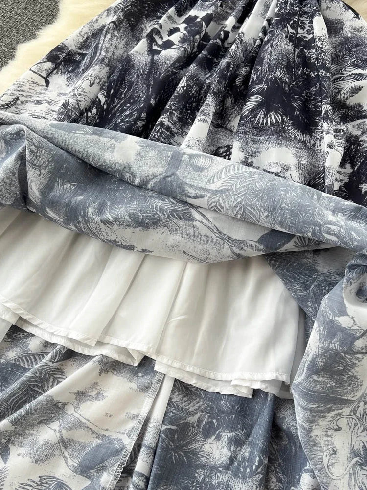 Vintage Tie Dye Print Shirt Dress Women Elegant Summer High Waist Slim A Line Printed Chiffon Long Robe Ladies Casual Long Robe