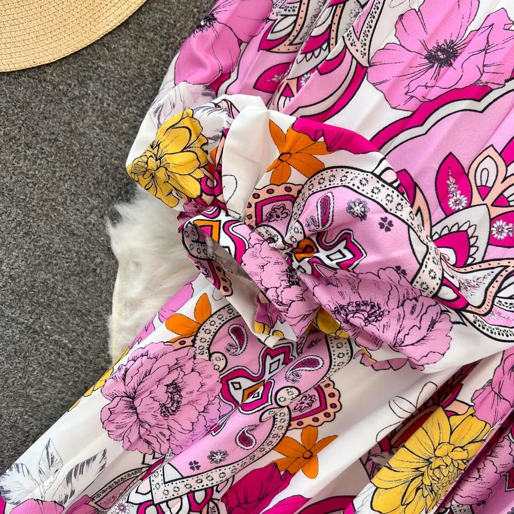 Elegant Women Casual Floral Print Party Dress Vintage Lantern Sleeve A-Line Pleated Prom Birthday Clothes Female Fashion Robe