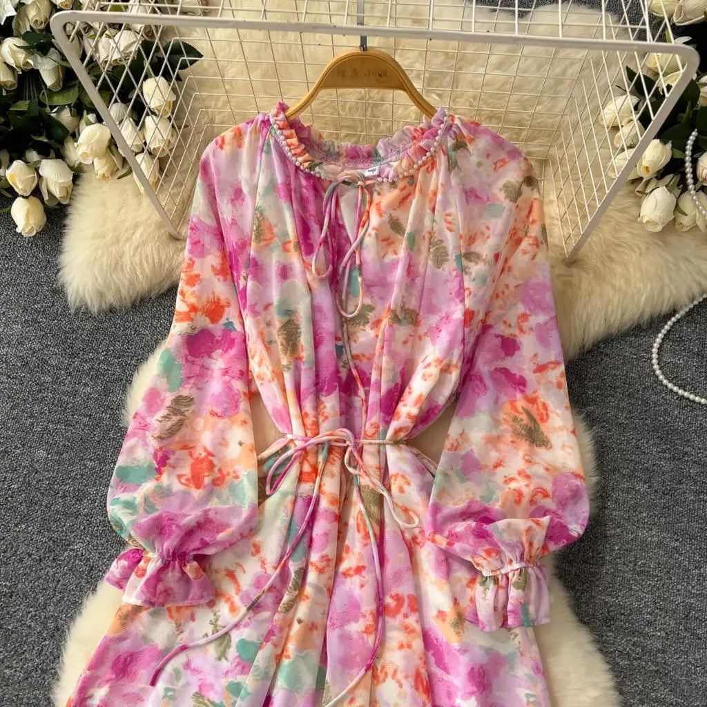 Elegant Floral Print Party Dress for Women French O-Neck Embroidered Flares Lace Up Lantern Long Sleeves Chiffon Long Dresses
