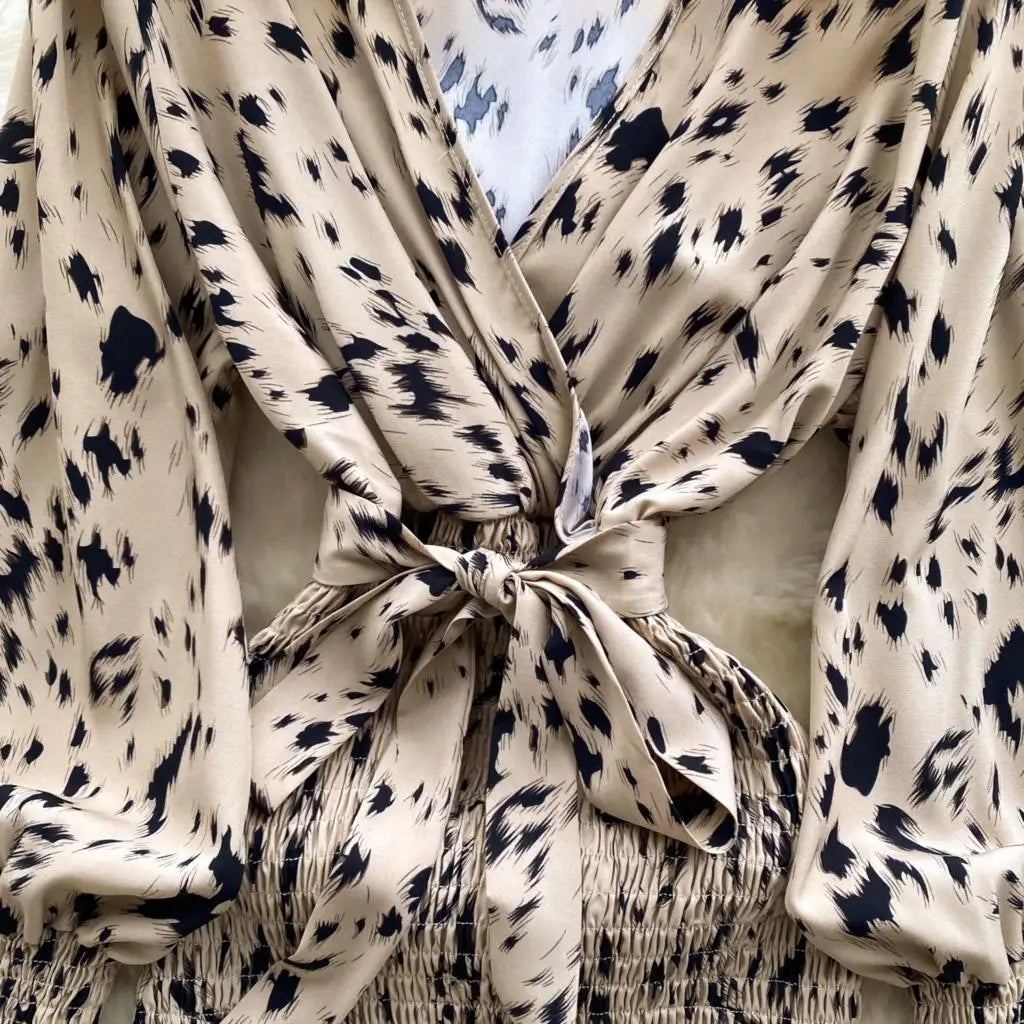 Women Casual Vintage Print Ruffle Long Dress Autumn Elegant V Neck Lantern Sleeve Party Mermaid Dresses Holiday Female Mujer New