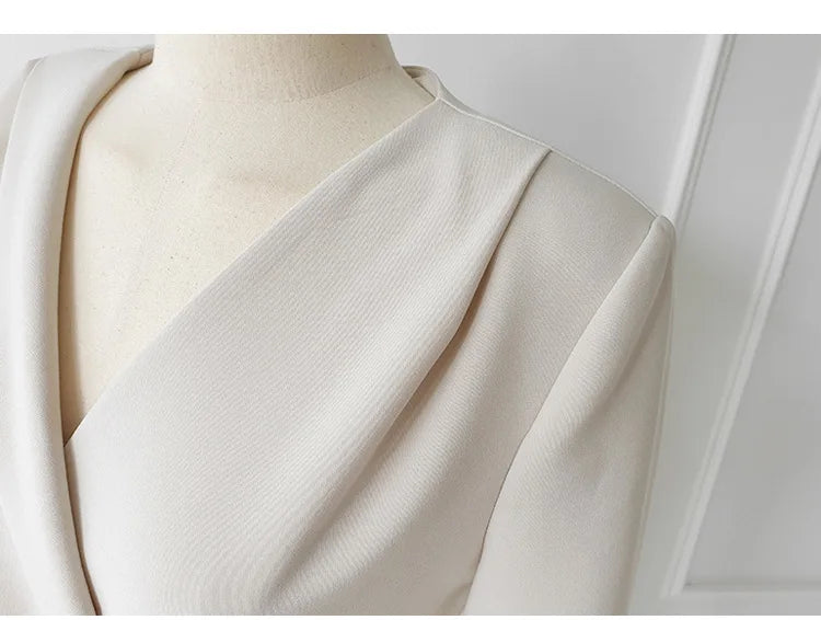 Commuting Style V-neck Mid length One Step Dress with Belt Autumn New Office Women's Slim Fit Waist Closing Beige Split Dresses