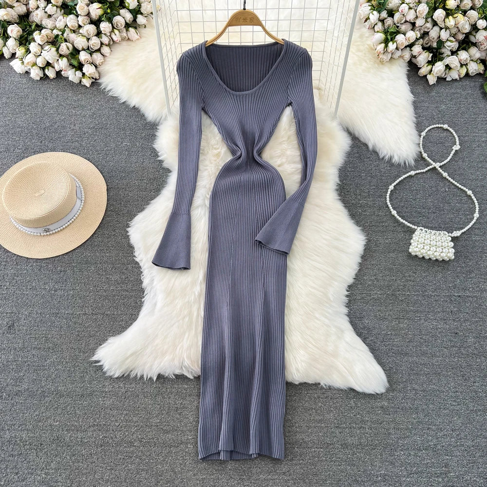 Women Chic Elegant Long Sleeve Bodycon Vneck Dress Sexy French Fashion Knit Wrap Vestidos Elastic Slim Pencil Sweater Dress