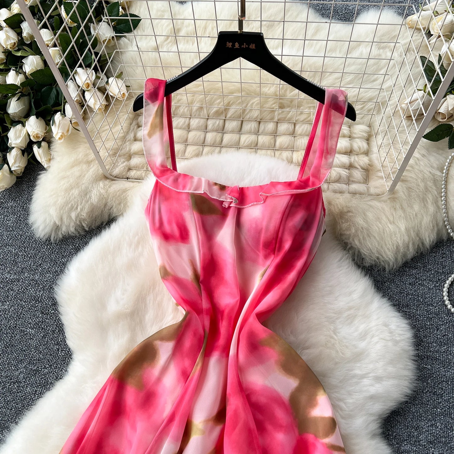 French Elegant Beach Dress Women Rose Print High Waist Chiffon Dresses Ladies Sleeveless Slim A-line Boho Long Robe Vestidos