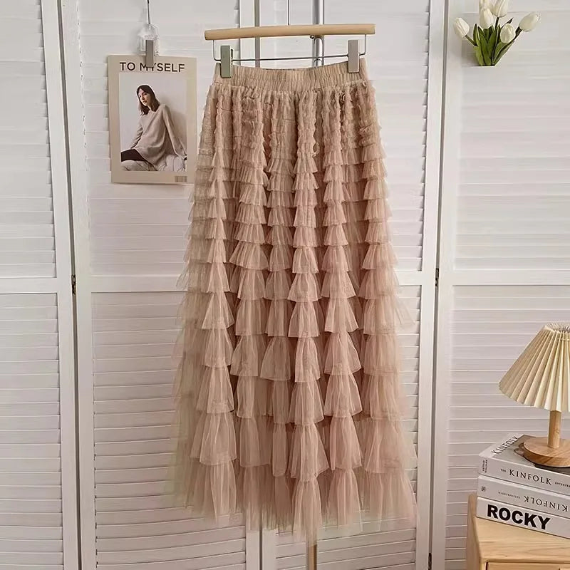2024 Spring Summer Mesh Cake Skirt Women Korean Fashion Long A-Line Skirts Black Pink Khaki Apricot Y2K Femme Midi Pleated Skirt