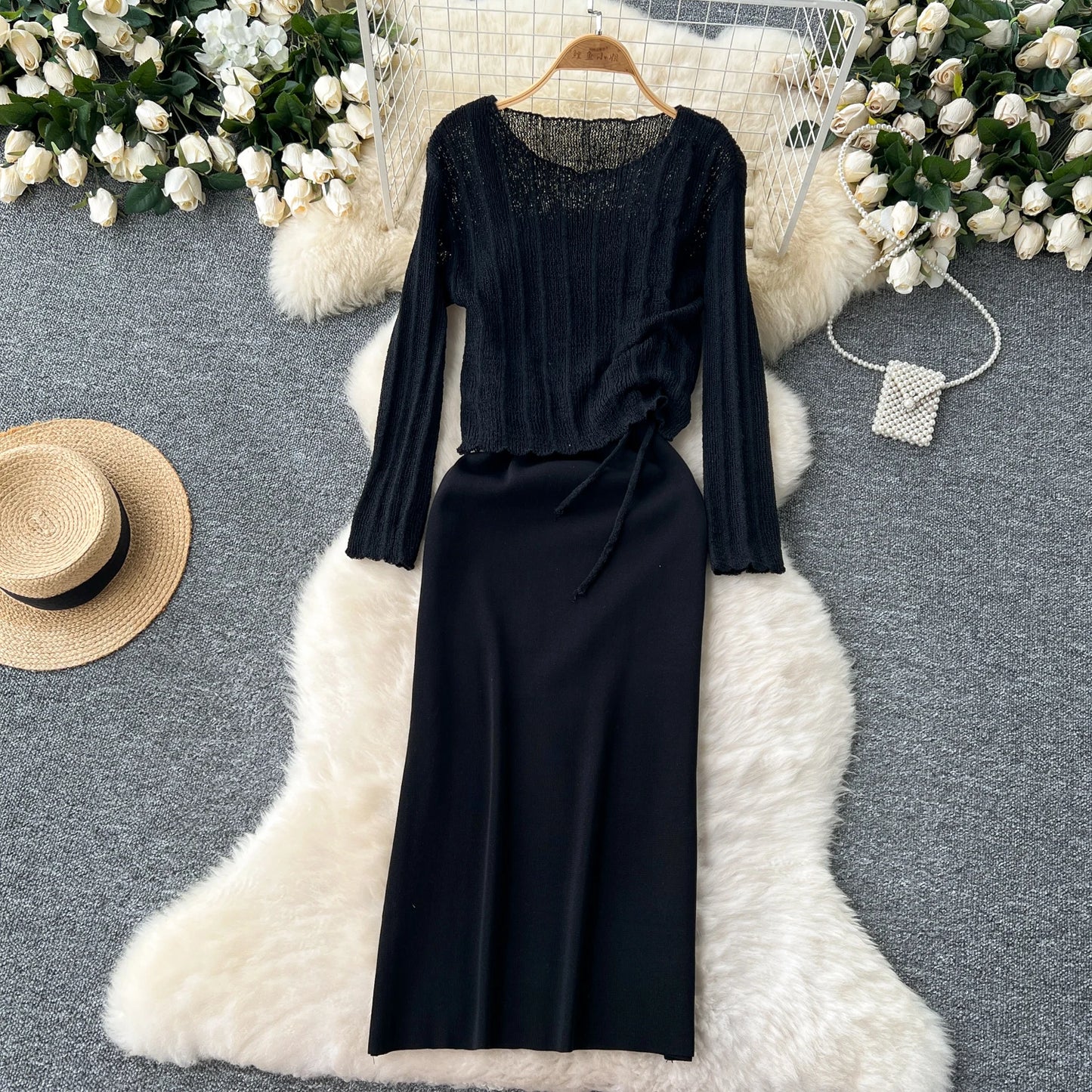 French Vintage Shirring lool sleeve slip knit overcoat with sweet slip A-line Chic Casual Vacation Women Summer dresses