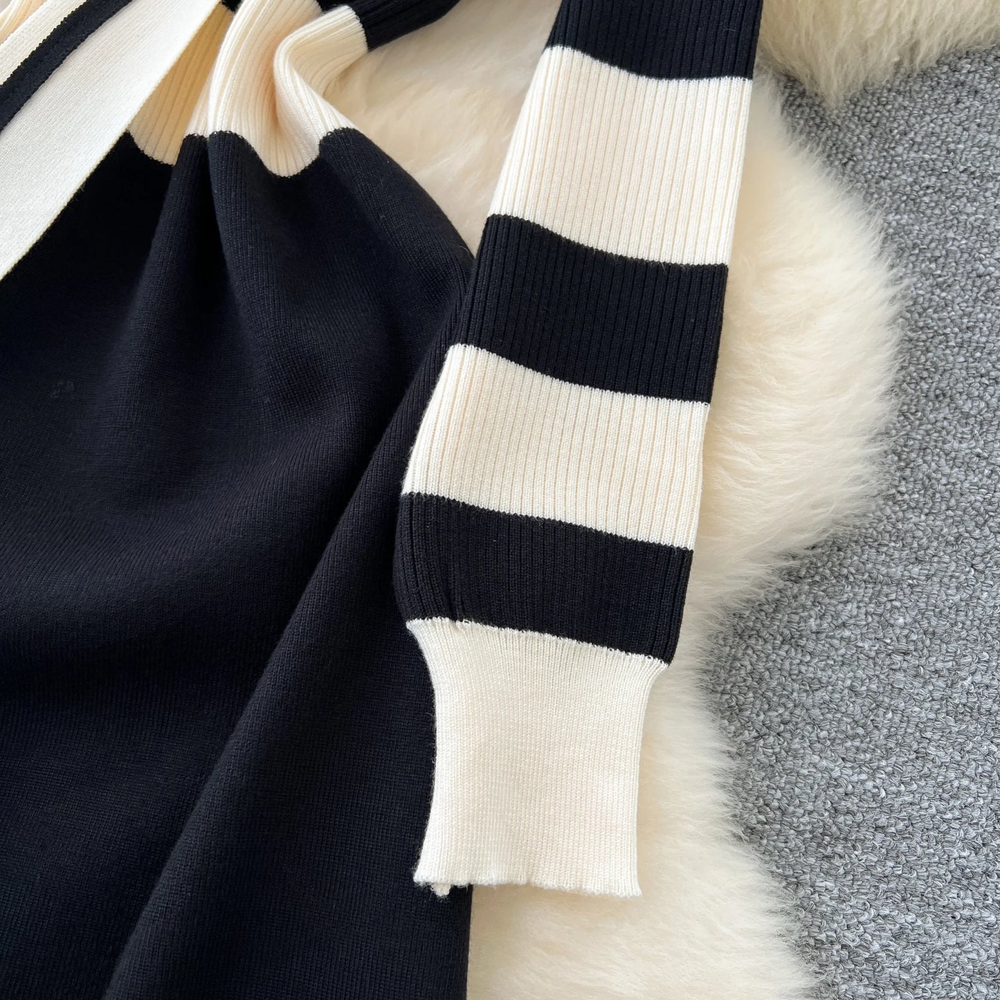 Chic Turn-down Collar Slim Bandage Long Sleeve Patchwork Striped Knit Dress High Street Vintage Women Autumn Winter Clothing