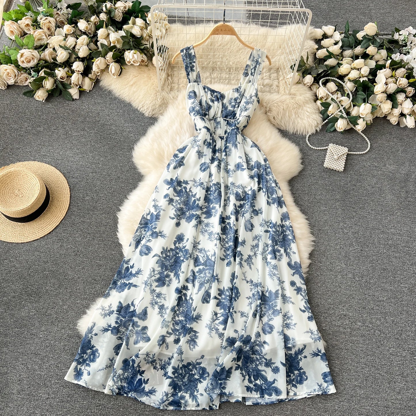 French Blue Printing Beach Long Dress Women Retro Floral Elegant Party Dresses Ladies Slim A-line Sleeveless Chiffon Long Robe