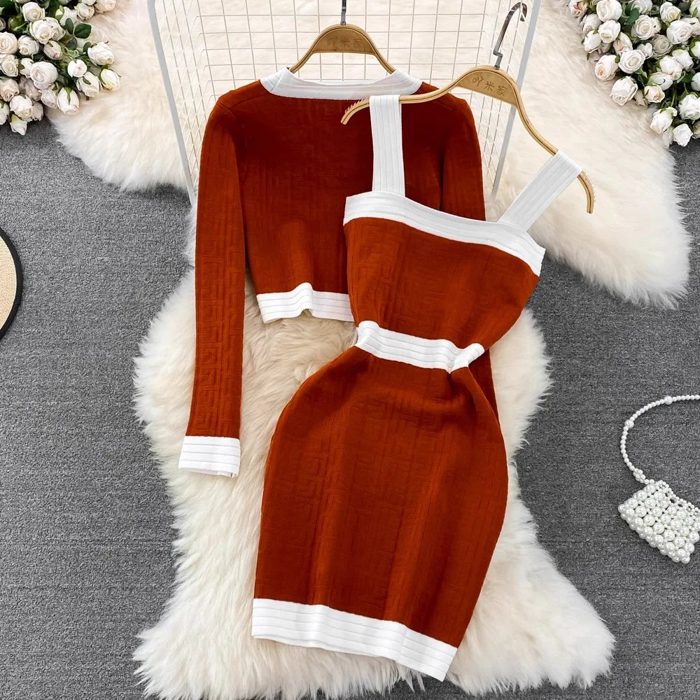 Spring Autumn New Trendy Knitted Two Piece Set for Women Vintage Elegant Slim Suits V-neck Short Cardigan+Mini Hip Wrap Dress
