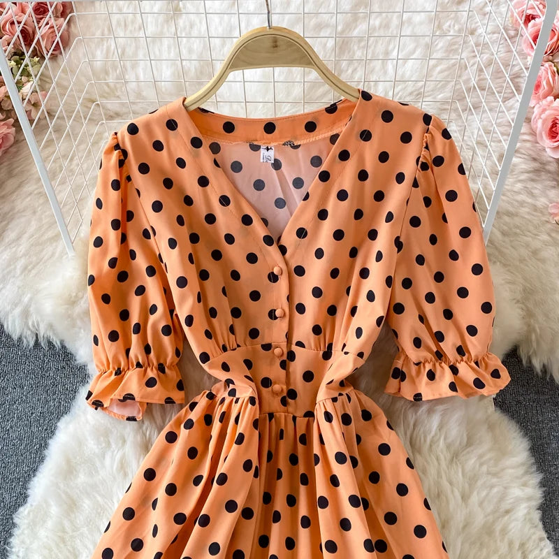 New Summer Women's Fashion Vintage Polka Dot Midi Dress Elegant and Chic A-Line Party Casual White Black Vestidos Female Robe