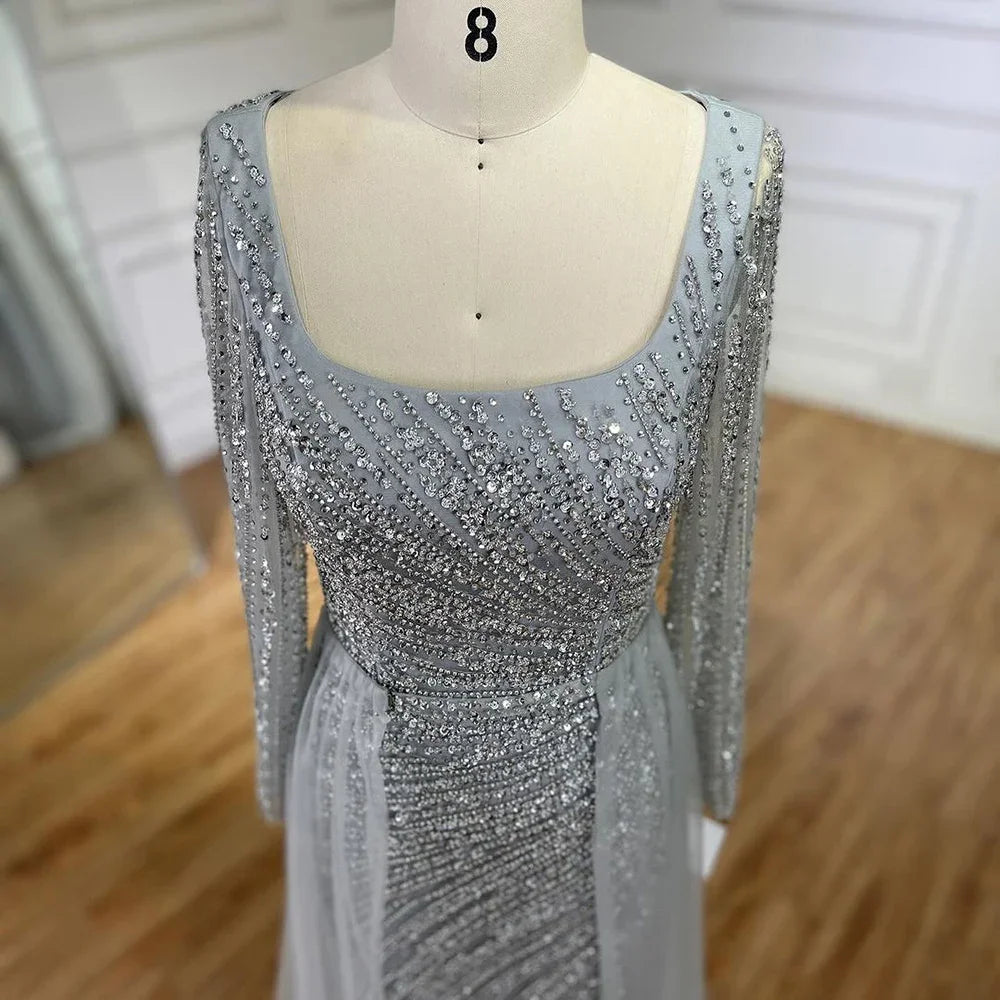 SERENE HILL 2024 Arabic Dubai Silver Gray Beaded Mermaid Evening Dresses Long Sleeves Gown With Skirt For Women Party GLA71618L
