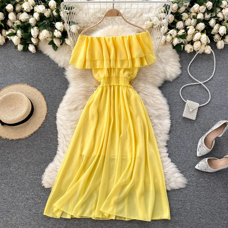 Women Chiffon Beach Dress Sexy Double Layer Ruffled Off The Shoulder Boho Dresses Ladies Sweet Slash Neck Long Dress