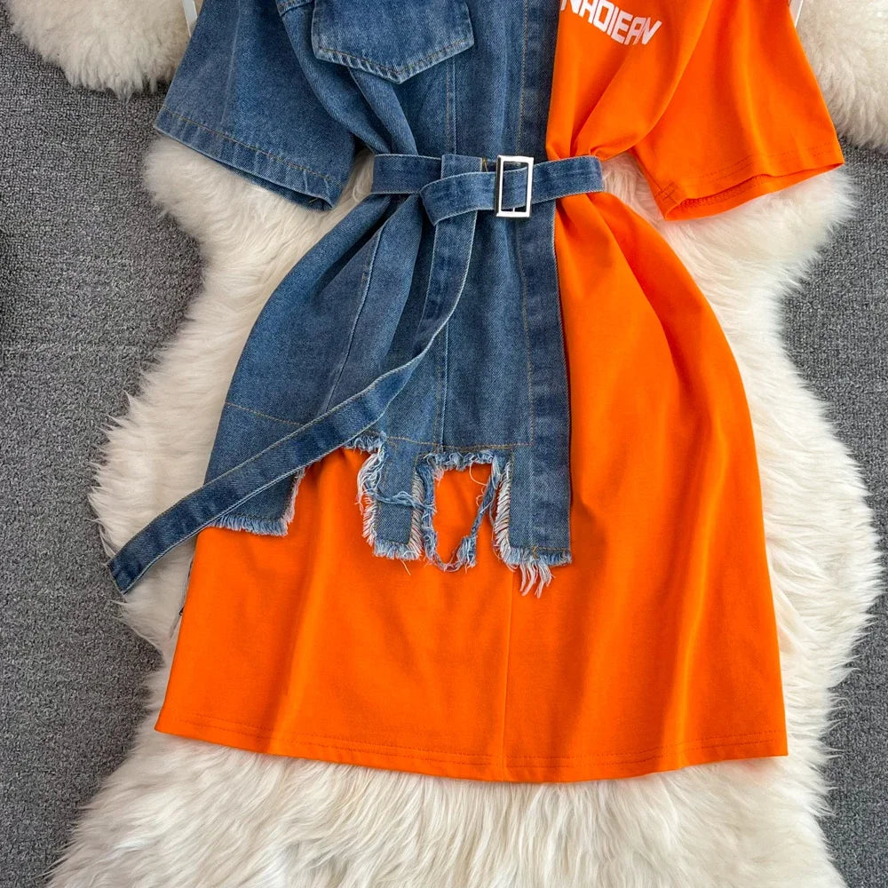 Women Summer Casual T Shirt Short Sleeve Streetwear Patchwork Denim Long Shirts Female O-neck Slim Jeans Tops