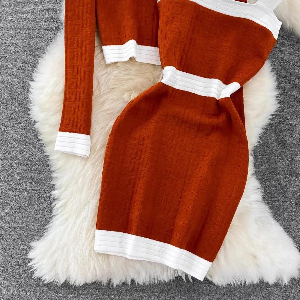 Spring Autumn New Trendy Knitted Two Piece Set for Women Vintage Elegant Slim Suits V-neck Short Cardigan+Mini Hip Wrap Dress