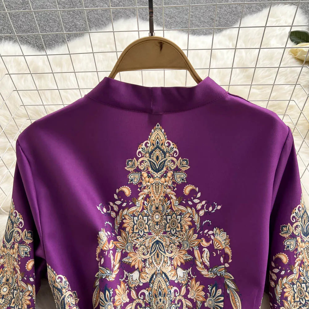 Pinkou Women Elegant Print Maxi Dress Cross V Neck Bow Tie Sashes Three Quarter Sleeve Female Chic Wrap Dresses Vestido QA815