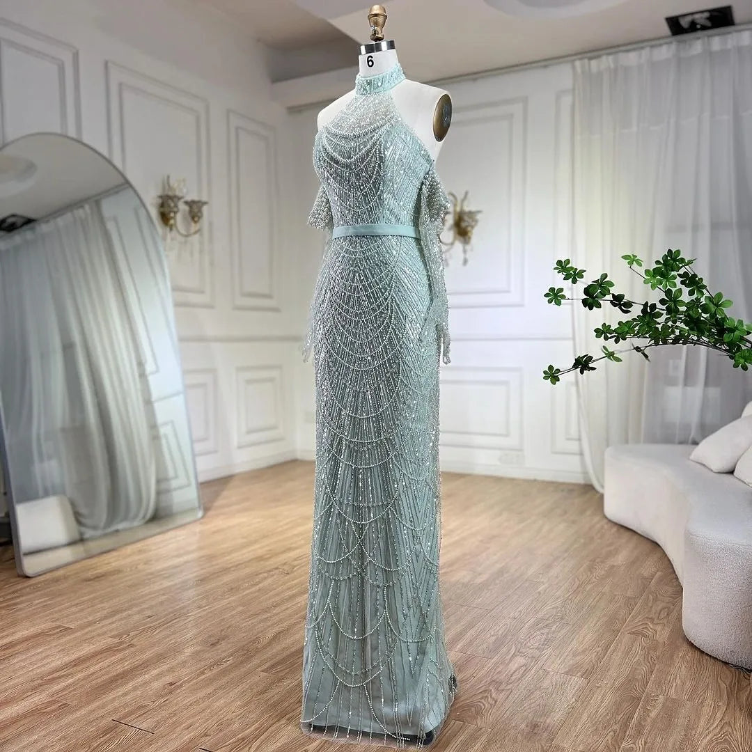 SERENE HILL Dubai Arabic Nude Mermaid With Gloves Luxury Beaded Evening Dresses Gowns 2024 For Women Wedding Party GLA72032A
