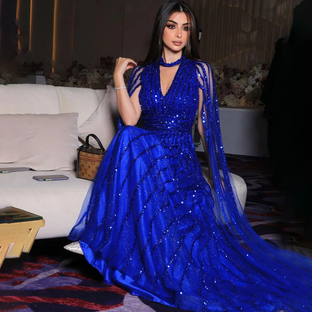 SERENE HILL 2024 Arabic Caramel A-Line Cape Sleeves Beaded Evening Dresses Luxury Gowns For Women Wedding Party GLA72171